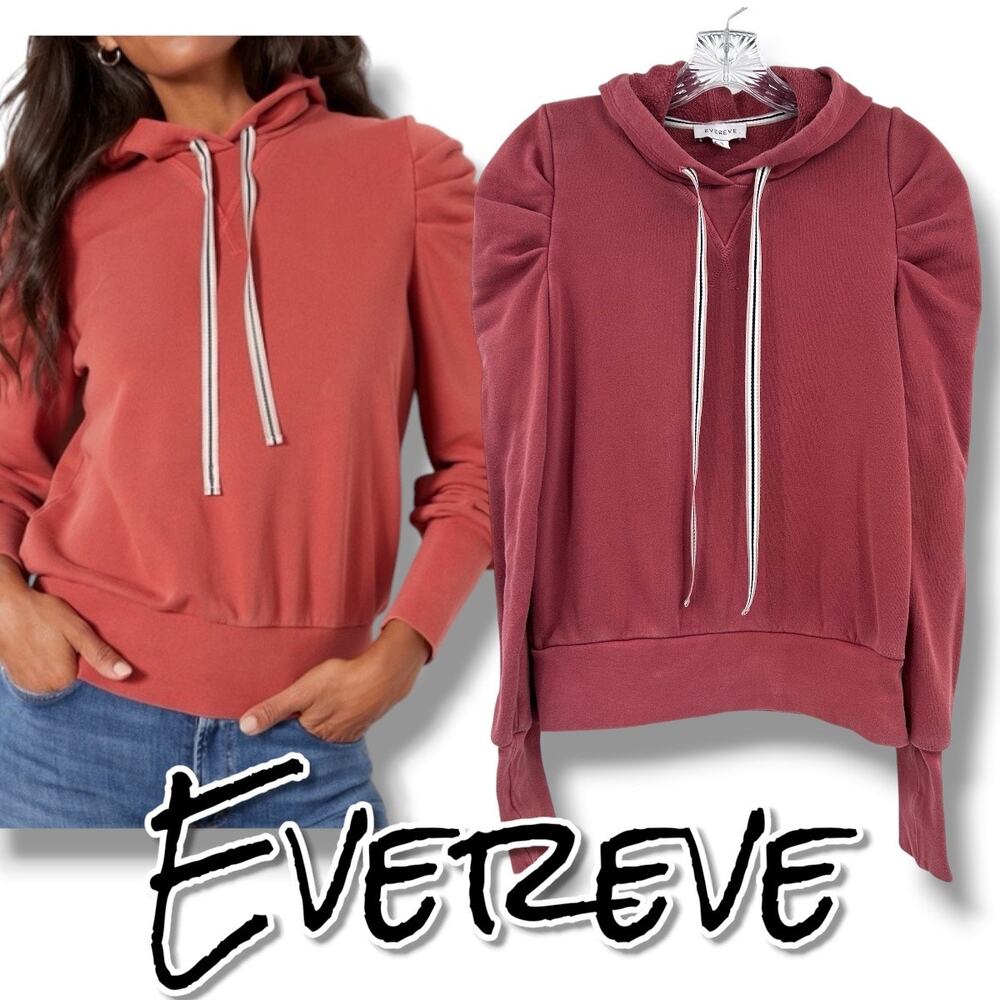 Evereve Tyra Burnt Red Puff Sleeve Hoodie Sweatshirt XS Boutique Athleisure
